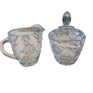 Anchor Hocking Creamer And Lidded Sugar Bowl Set Prescut Clear Glass